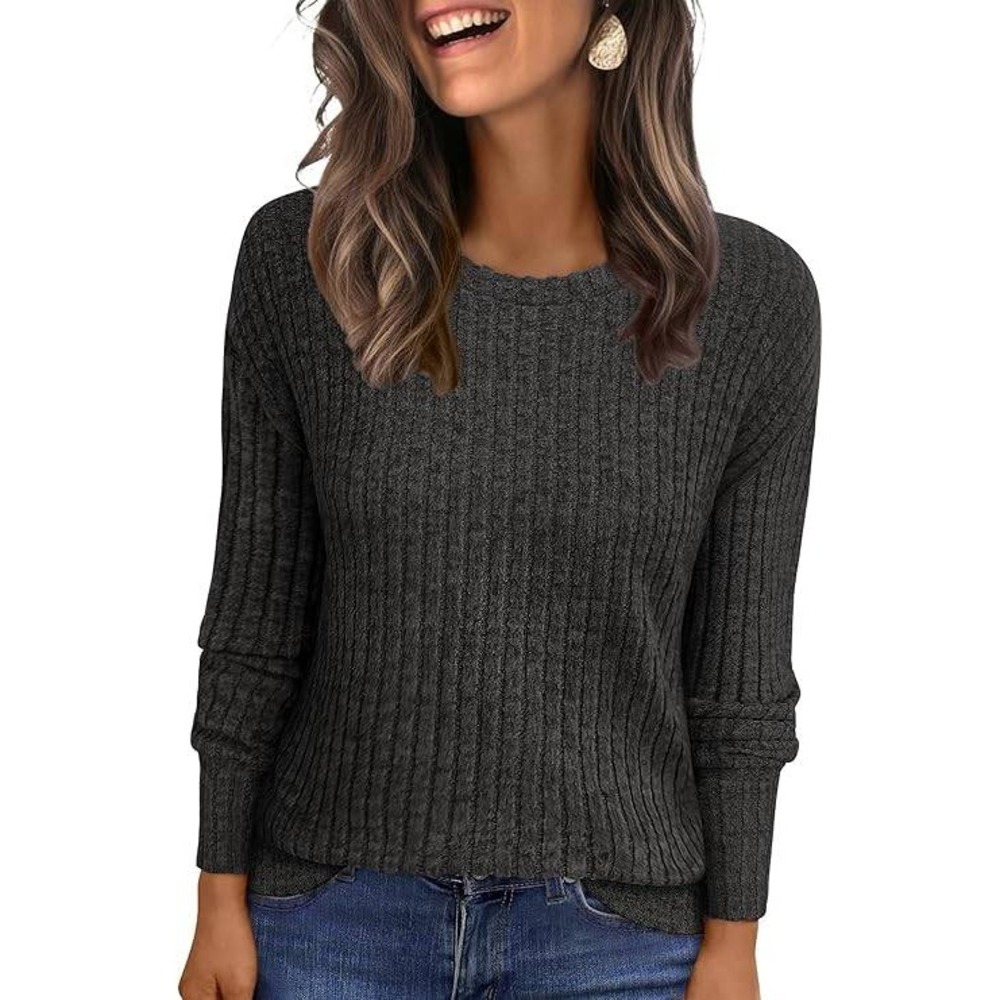 Womens Ribbed Knit Long Sleeve Crew Neck Sweater Side Slit Relaxed Top Black